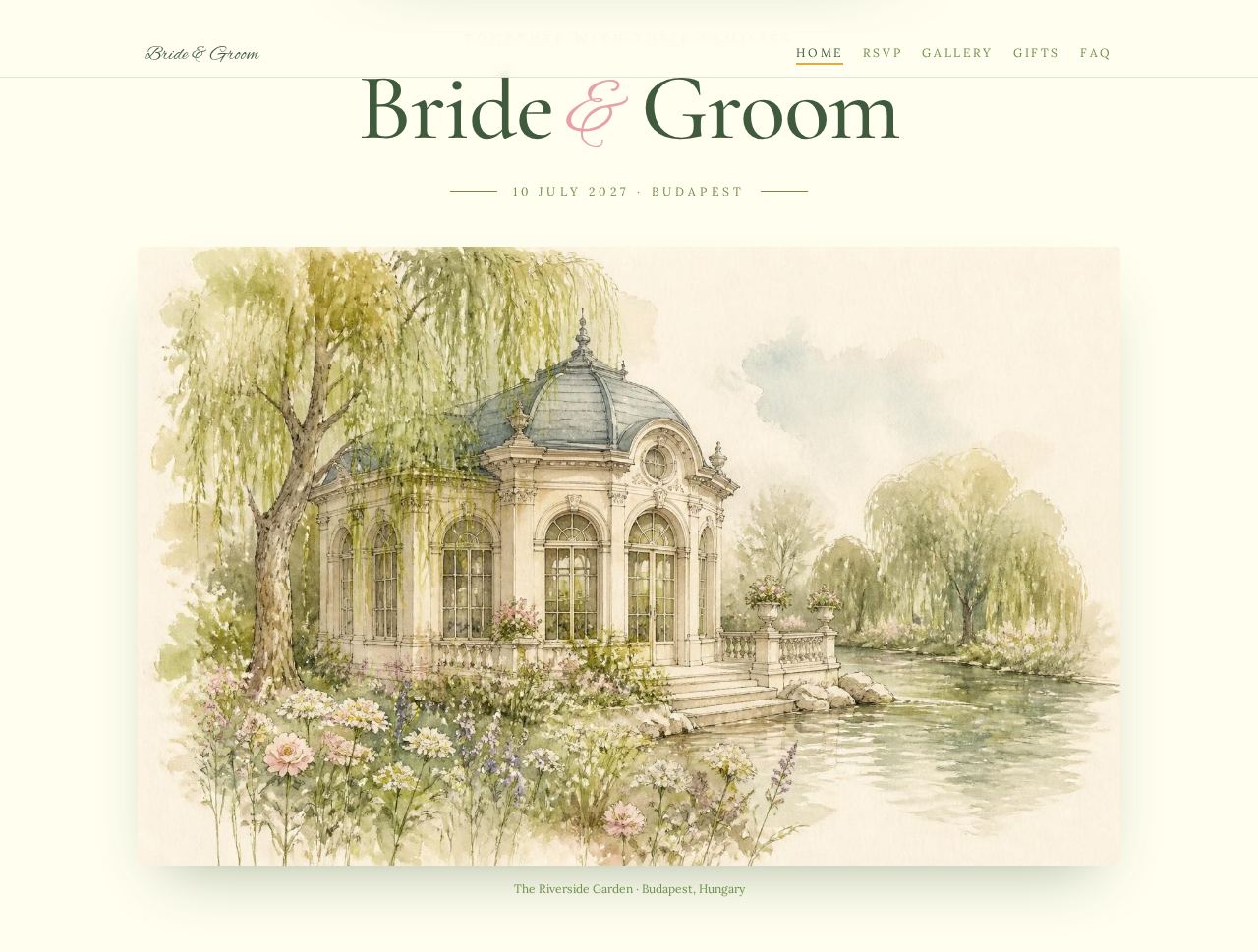Preview of the demo wedding homepage showing the couple's names and a watercolour venue illustration