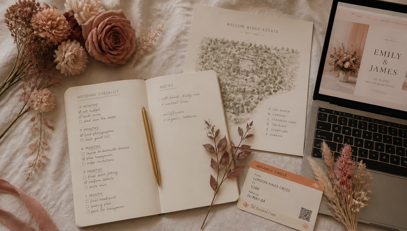 A wedding checklist notebook, venue map, train ticket and dried roses beside a laptop showing a blush wedding website