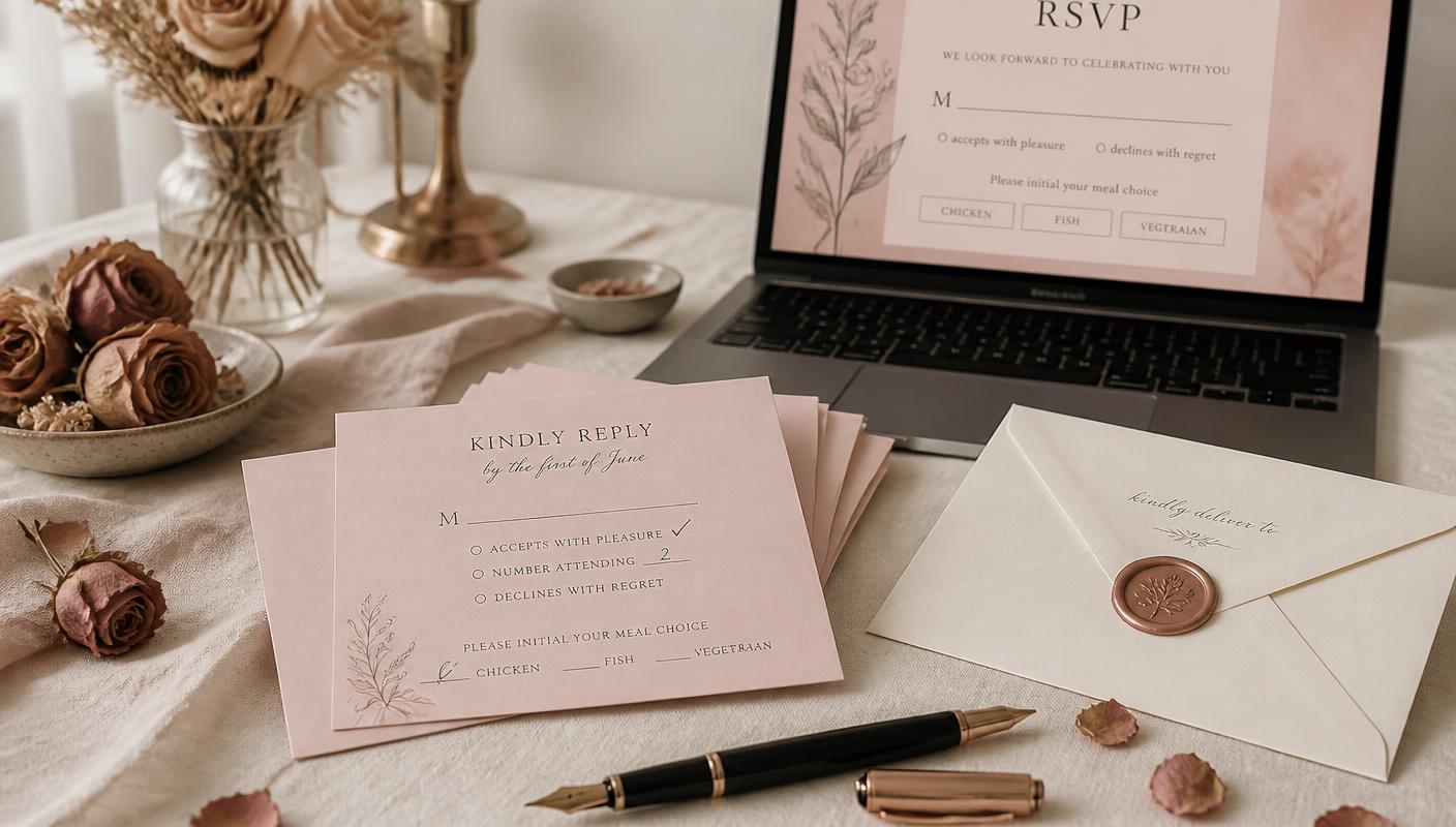 Blush wedding RSVP reply cards, a cream envelope with a wax seal and a laptop showing an online RSVP form