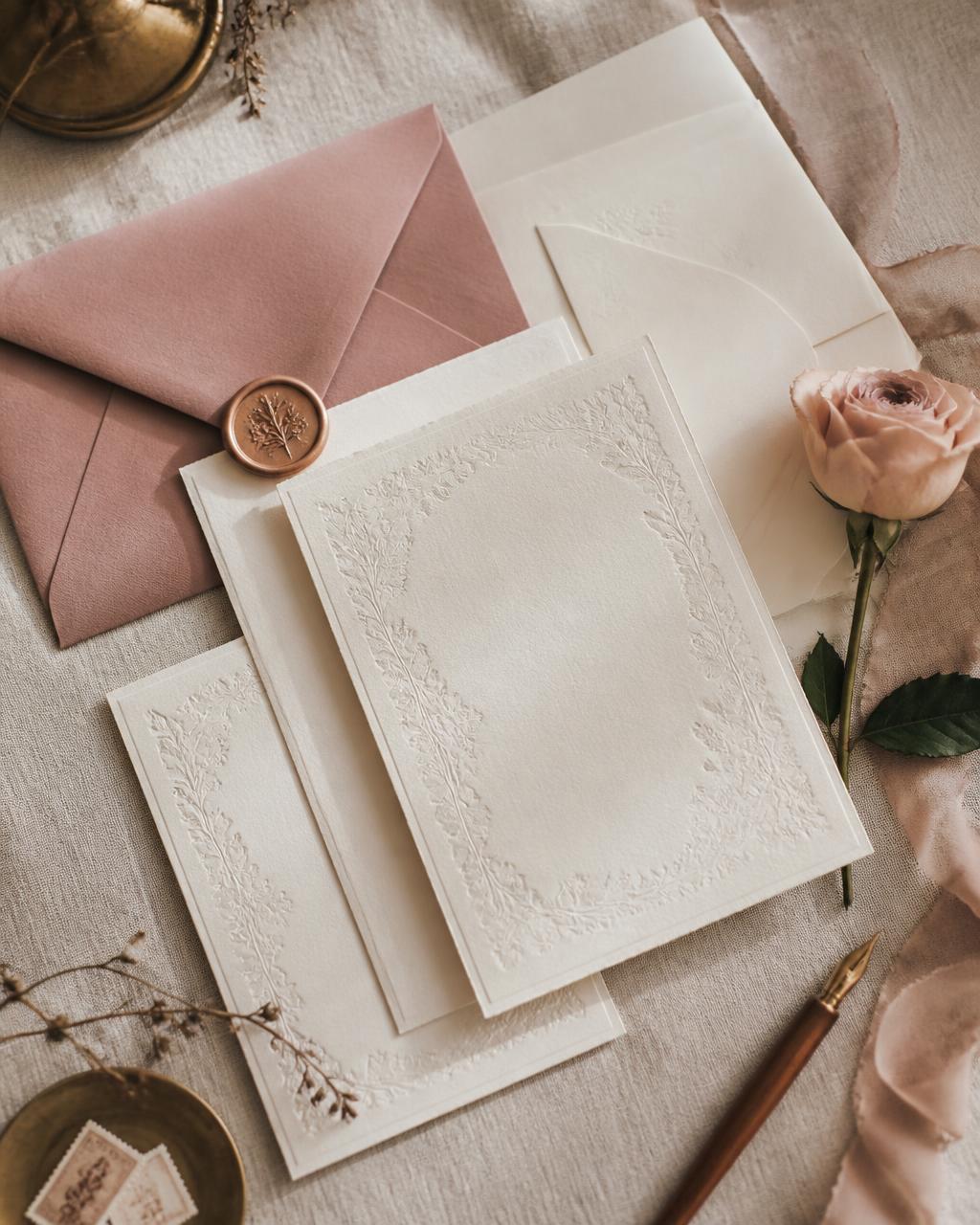 Cream letterpress wedding invitation suite with a dusty rose envelope, wax seal and a blush rose
